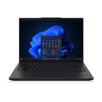 Black laptop with a blue abstract design on the screen on a white background