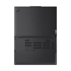 The back view of a Lenovo ThinkPad laptop, showing the matte black chassis, ventilation grilles, and the small Lenovo logo on the right side.