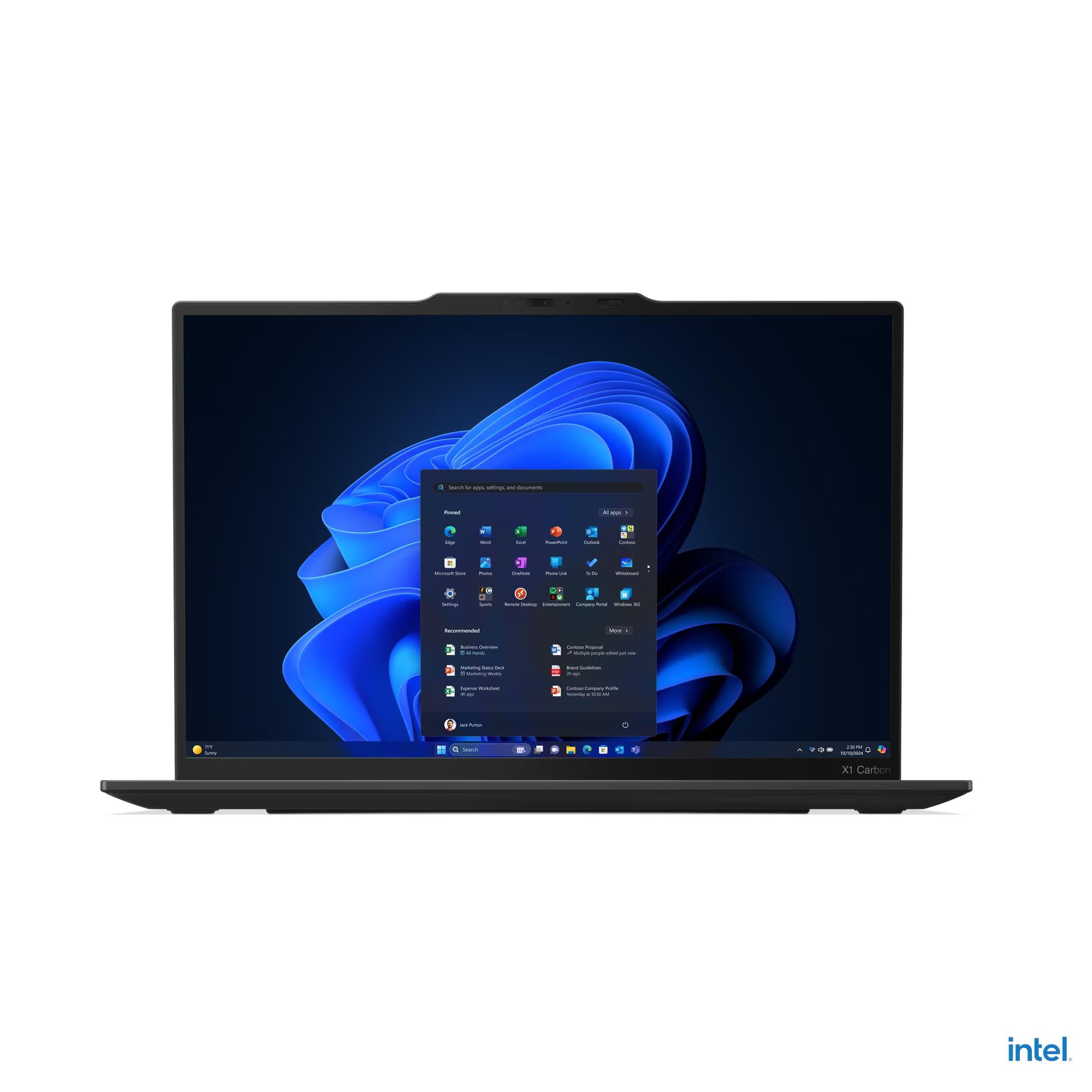 Laptop with a blue abstract design on the screen, featuring Intel branding.