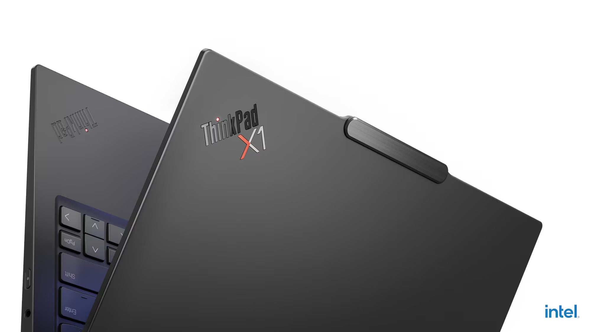Two ThinkPad laptops on a white background with Intel logo.