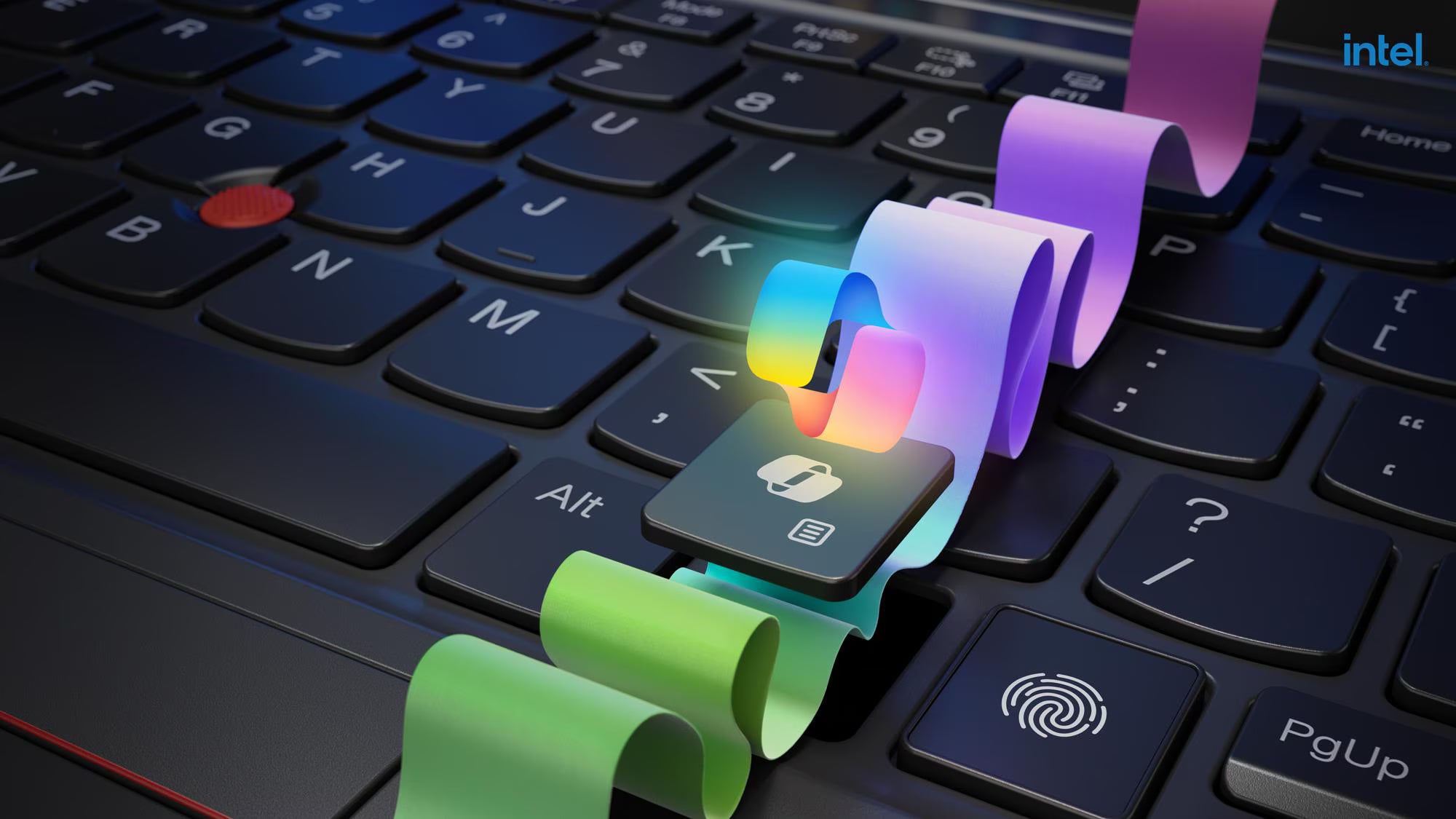 Colorful 3D-rendered keys on a laptop keyboard with Intel branding.