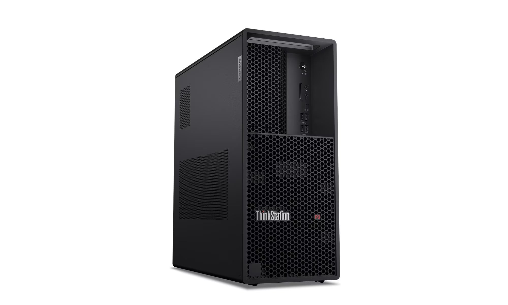 Black computer tower with Lenovo ThinkStation logo on a white background