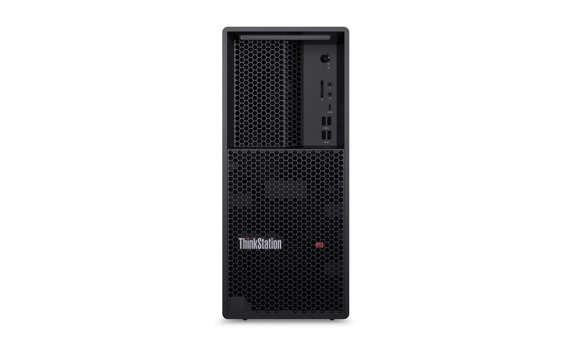 Black computer tower with ThinkStation logo on a white background