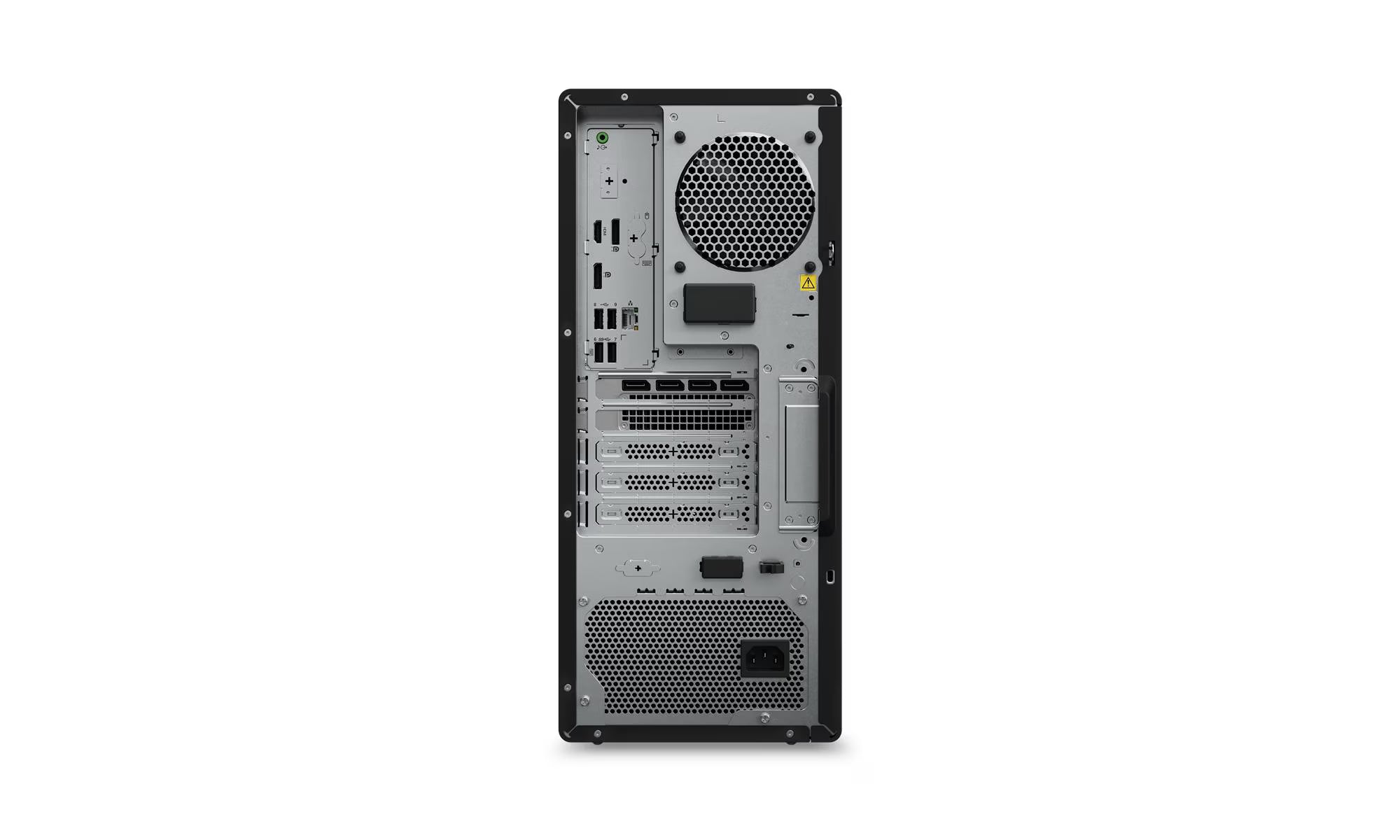 Back view of a computer tower on a white background