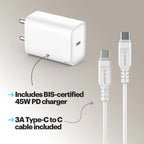 A white wall charger and a white Type-C to Type-C cable shown on a light beige background, with text noting that the package includes a BIS-certified 45W PD charger and a 3A Type-C to C cable.