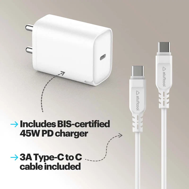A white wall charger and a white Type-C to Type-C cable shown on a light beige background, with text noting that the package includes a BIS-certified 45W PD charger and a 3A Type-C to C cable.