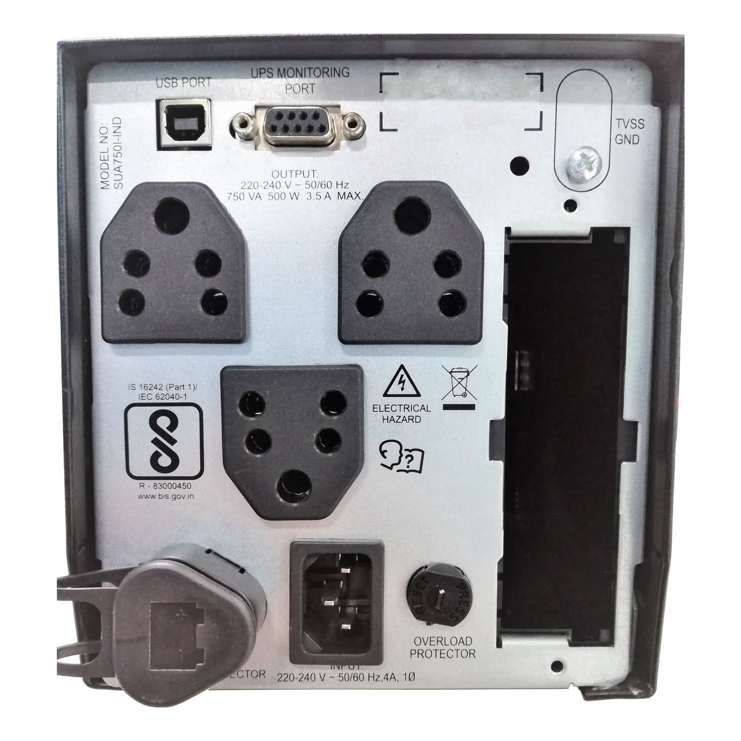 APC Smart-UPS SUA750I-IND 750VA/500W Line-Interactive UPS | 4 India 3-Pin Outlets | AVR | User Replaceable Battery | Energy Efficient