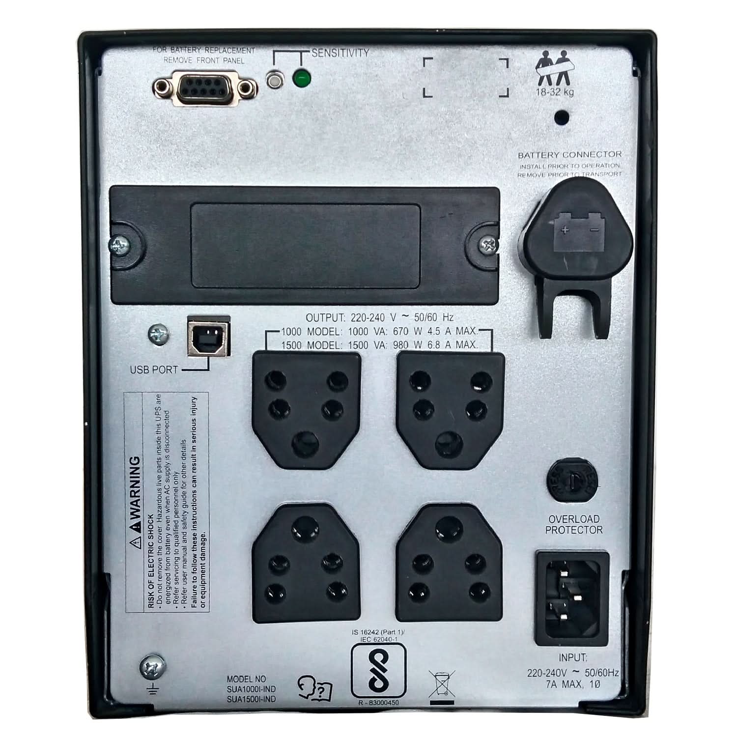 APC Smart-UPS SUA1500I-IND 1500VA/980W Line-Interactive UPS | 230V | 4 India 3-Pin 6A Outlets | Automatic Voltage Regulation | User Replaceable Battery | 2-Year Warranty