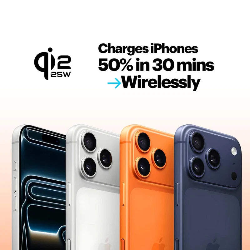 Four smartphones in different colors with a charging feature advertisement on a white background.