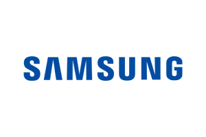 Samsung logo in blue on a white background
