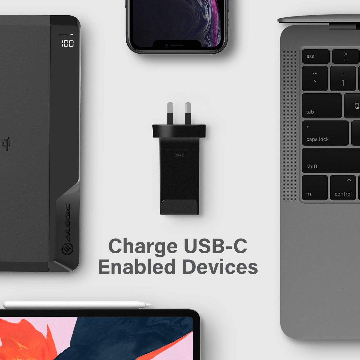 USB-C Laptop/Macbook Wall Charger 60W with Power DeliveryÐ Travel Edition with AU, EU, UK, US Plugs and 2m Cable - Black