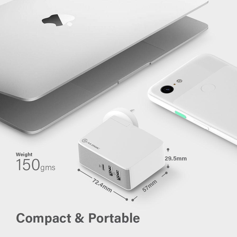 USB-C Laptop/Macbook Wall Charger 45W with Power Delivery & USB-A Charging Ports Ð Travel Edition with AU, EU, UK, US Plugs