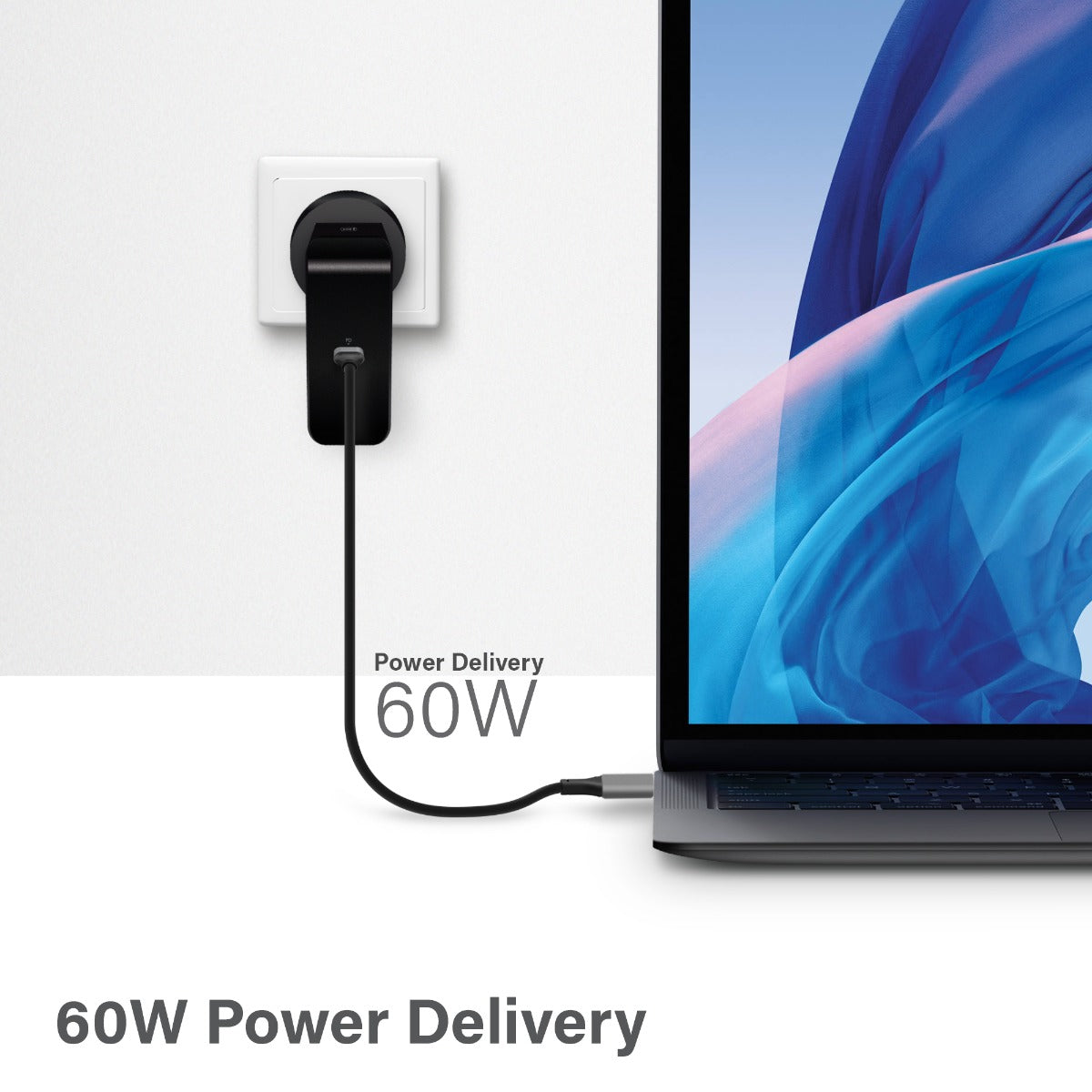 USB-C Laptop/Macbook Wall Charger 60W with Power DeliveryÐ Travel Edition with AU, EU, UK, US Plugs and 2m Cable - Black
