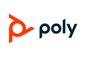 Poly logo with red and blue design on a white background