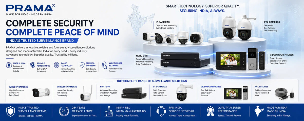 A promotional infographic banner for Prama surveillance cameras, featuring multiple models of dome cameras, PTZ cameras, IP cameras, and video door phones arranged on a white and blue background with text detailing their features and specifications.