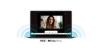 A laptop shown from the front on a white background, with blue soundwave graphics around the base and the text 'AKG | Dolby Atmos' below. A woman is visible on the screen during a video call.