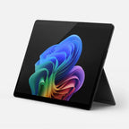 Black tablet with colorful abstract design on a white background