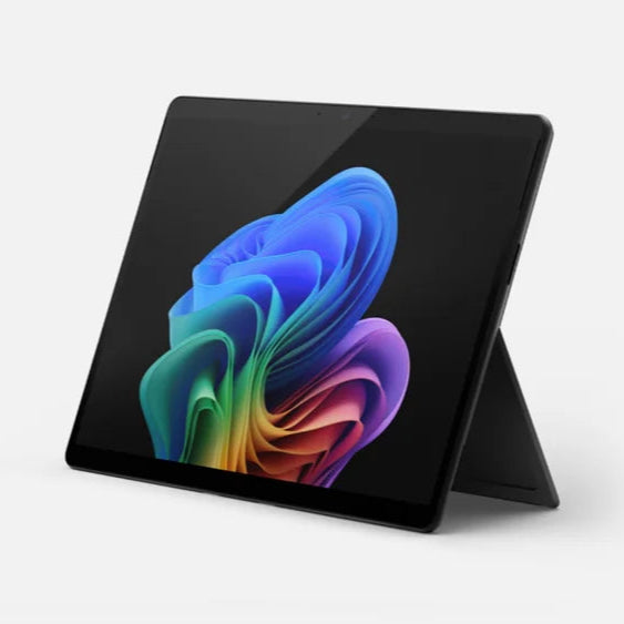 Black tablet with colorful abstract design on a white background
