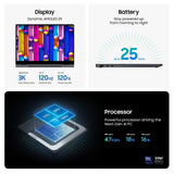 A Samsung Galaxy Book5 Pro 360 laptop in dark gray, shown open with its screen on and a black stylus resting on the right side of the display. The screen features the text 'Galaxy Book5 Pro 360' over a colorful abstract wallpaper.